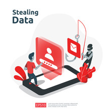 Password Phishing Attack. Stealing Personal Data. Internet Security Concept For Web Landing Page, Banner, Presentation, Social, And Print Media Template. Vector Illustration