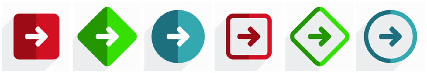 Fototapete - Right arrow icon set, flat design vector illustration in 6 options for webdesign and mobile applications in eps 10