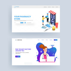 Wall Mural - responsive web banner or landing page design for pharmacy store and the best doctor.