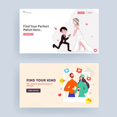 Poster - Find your perfect match landing page set with loving couple character for wedding or dating.