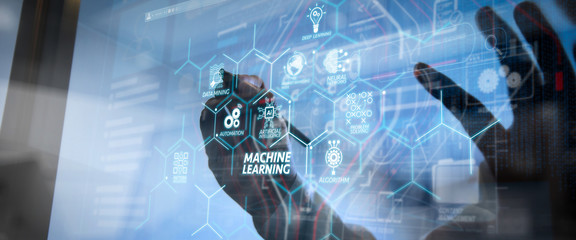 Machine learning technology diagram with artificial intelligence (AI),neural network,automation,data mining in VR screen.businessman hand working with modern technology and digital layer effect.