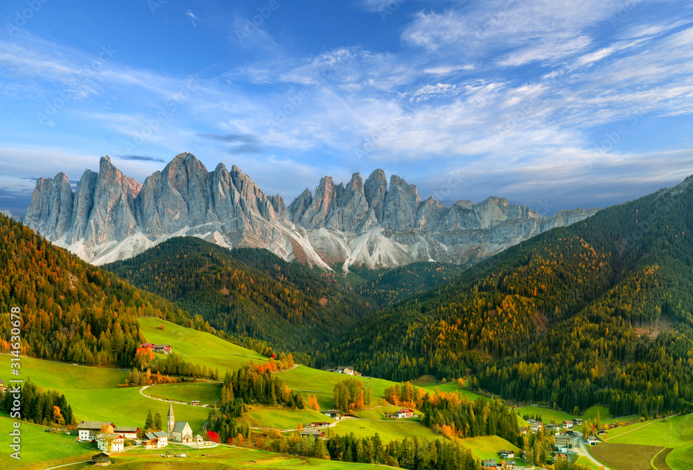 Beautiful landscape of Italian dolomites - Santa Maddalena - obrazy, fototapety, plakaty 