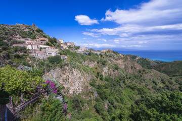 Wall Mural - Aerial view with remains of Pentefur castle in Savoca village on Sicily, Italy