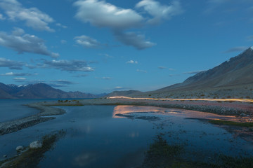 Slow shutter moving car lights around the pangong lake, Ladakh, India, Asia