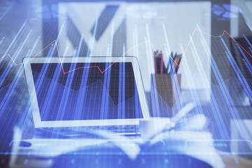  Multi exposure of forex graph and work space with computer. Concept of international online trading.