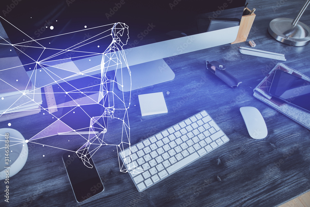 Desktop computer background in office and start up theme hologram ...