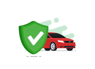 Auto safetyconcept. Car insurance. Red car with green shield. Vector illustration in flat style.