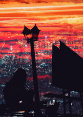 Wall Mural - fantasy isolated a woman isolated standing alone in sunset scene.
