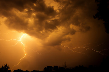 Wall Mural - Huge fork lightnings and thunder during heavy summer storm. Night thunder-storm