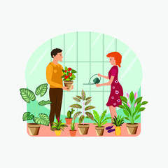 Girl and man caring for plants.Greenhouse with green bushes and flowers. Plants growing in pots.Modern vector illustration in flat cartoon style.