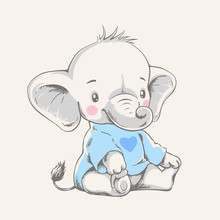 Vector Hand Drawn Illustration Of A Cute Baby Elephant In A Blue T-shirt.