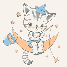 Vector Illustration Of A Cute Kitten, Sitting On The Moon And Catching Stars.