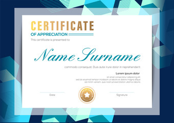 Wall Mural - modern certificate of completion template with blue abstract cube shape graphic background