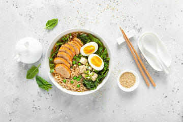 Poster - Ramen noodle soup with chicken breast, egg and spinach