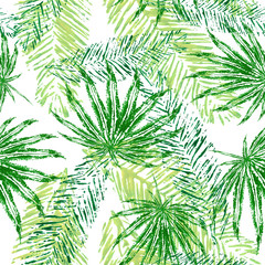  Pattern seamless watercolor with set imprint green leaves palm, for postcard, background, greeting card, invitation, cloth, wallpaper, textile, wrapping, spring