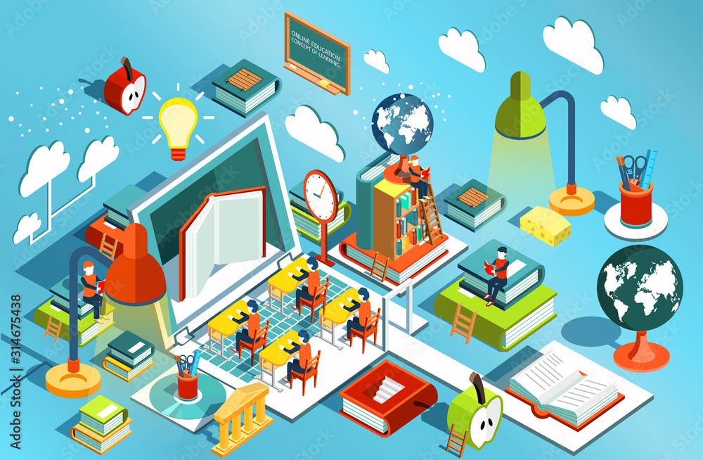 Online education Isometric flat design. The concept of learning and reading books in the library and in the classroom. University studies. Vector illustration - obrazy, fototapety, plakaty 