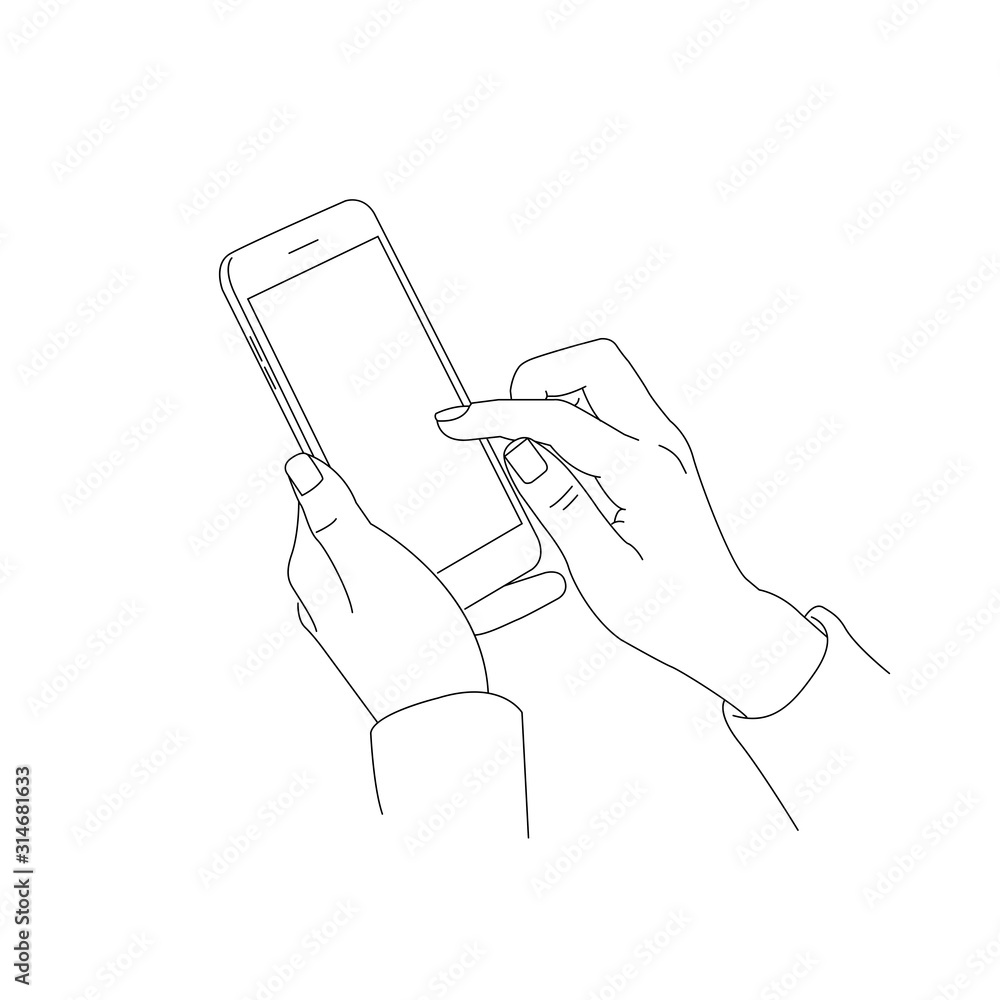 Using Handphone Drawing drawn sketch illustration of human hand using or holding big smart ...