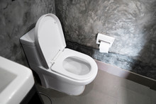 White Hanging Toilet Seat On White Toilet In The Home Bathroom With Grey Tiles In Concrete Style And Toilet Paper On The Wall. Bathroom Luxury Interior.