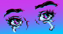 Vector Comic Illustration Of Crying Eyes. Digital Glitch Effect. Cyberpunk Style.
