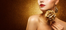 Fashion Model Beauty Make Up, Beautiful Woman Hold Gold Flower Rose And Luxury Golden Makeup