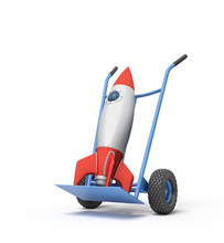 3d Rendering Of Toy Space Rocket On Blue Hand Truck.