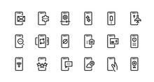 Phone Line Icons. Mobile Device Notification And Adjustment, Wireless Pay And Secure Private Data. Vector Switch Icon Smartphone Outlines App Set For Search Text Notification Email