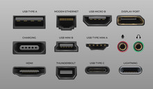 Connector And Ports. USB Type A And Type C, Video Ports Hand DrawnMI DVI And Displayport, Audio Coaxial, Thunderbolt And Lightning Vector Ports, Universal Elements Pc Connectors