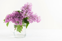 Branches Of Fresh Purple Lilac In Glass Vase