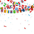 Colorful flags garland of different countries of the europe and world with confetti. Festive garlands of the international pennant. Bunting wreaths. Vector banner for celebration party, conference