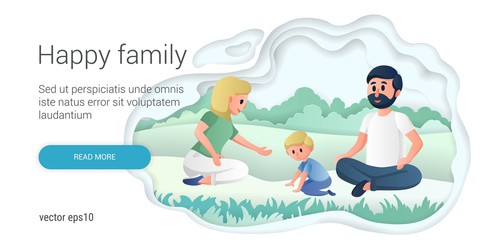 Wall Mural - Happy family, mother and father playing with their child in the park. Young parents, healthy couple and their son cartoon characters. Adoption paper art style vector illustration. 