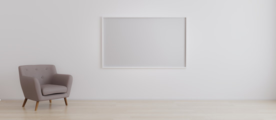 Wall Mural - horizontal blank picture frame in empty room with white wall and armchair on wooden parquet. room in
