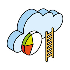 cloud with stairs and pie chart on white background