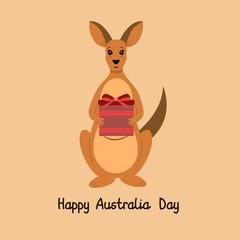 Happy kangaroo congratulates on Australia Day holiday. January 26. Australia day inscription. National patriotic holiday in the country. Kangaroo gives a gift. Concept illustration vector