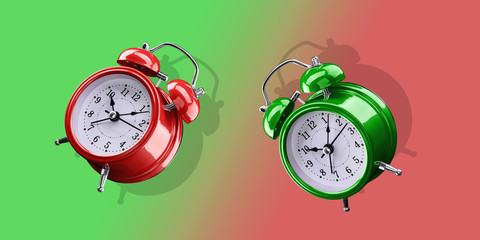 Wall Mural - Red and green alarm clocks on a gradient background of red and green.