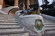 August 17, 2019. Barcelona, Spain. This photo was taken in Park Güell and it shows the famous Dragon's Stairs decorated with the known as 