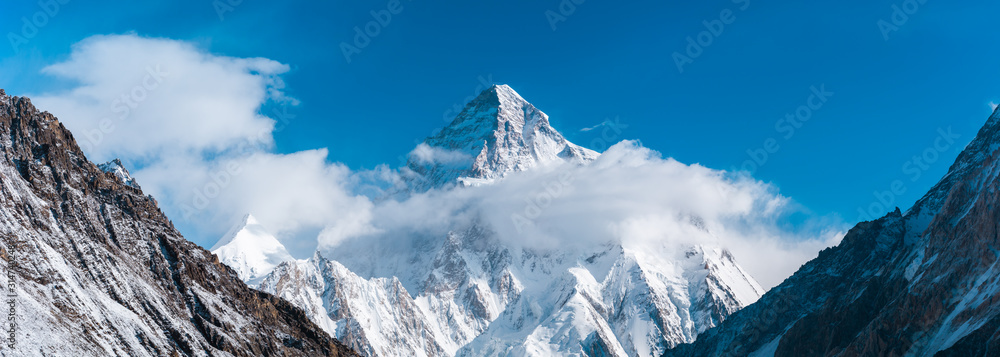Close up panoramic view of K2, the second highest mountain in the world with Angel peak and Nera peak on the left side, Concordia, Pakistan - obrazy, fototapety, plakaty 