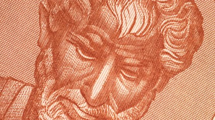 Wall Mural - Aristotle on 10000 Greece drachma (1947) banknote rotated. Genius Ancient Greek philosopher, tutor of Alexander the Great. 4K