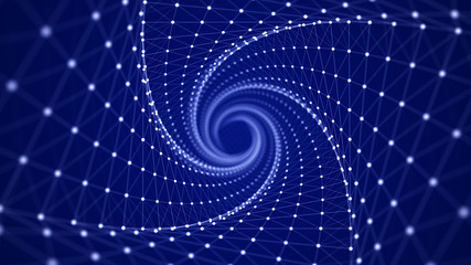 Fototapete - Wireframe endless tunnel grid. Network connection structure. Abstract technology background. Digital blue background. 3d rendering.