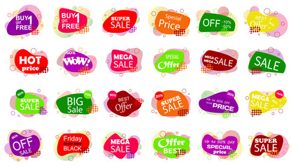 Set of sale banner badge templates. Stickers best offer price and big sale pricing tag badge design. Limited sales offer label or store discount banner card. Shopping coupon. Vector illustration.