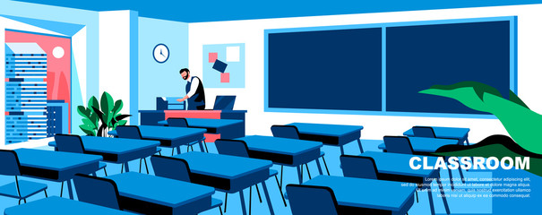 Fototapete - Classroom flat vector landing page template. Desk with chairs and chalkboard empty school room banner layout with header. Teacher character in class cartoon illustration with text space