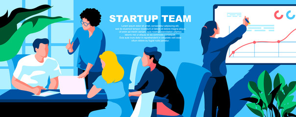 Fototapete - Startup team flat vector landing page template. Business development, project management banner layout with header. Company improvement strategy planning cartoon illustration with text space