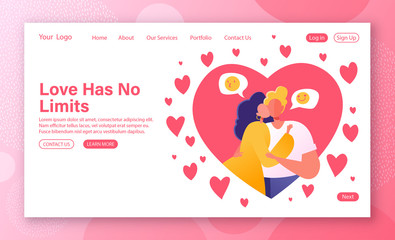 Wall Mural - Romantic relations, love theme for website landing page. Young loving couple hugging. Man holding woman hand. Woman kissing man on cheek. Valentines Day concept for web page banner. 