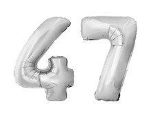 Number 47 Forty Seven Made Of Silver Inflatable Balloons Isolated On White Background. Chrome Silver Helium Balloons Forming 47 Forty Seven Number