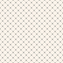 Minimalist Floral Geometric Seamless Pattern. Simple Vector Black And White Abstract Background With Small Flowers, Tiny Crosses, Grid, Lattice. Subtle Minimal Monochrome Texture. Repeat Geo Design
