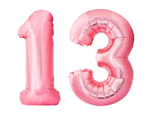 Number 13 Thirteen Made Of Rose Gold Inflatable Balloons Isolated On White Background. Pink Helium Balloons Forming 13 Thirteen Number