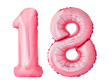 Number 18 eighteen made of rose gold inflatable balloons isolated on white background. Pink helium balloons forming 18 eighteen number