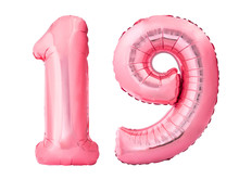 Number 19 Nineteen Made Of Rose Gold Inflatable Balloons Isolated On White Background. Pink Helium Balloons Forming 19 Nineteen Number