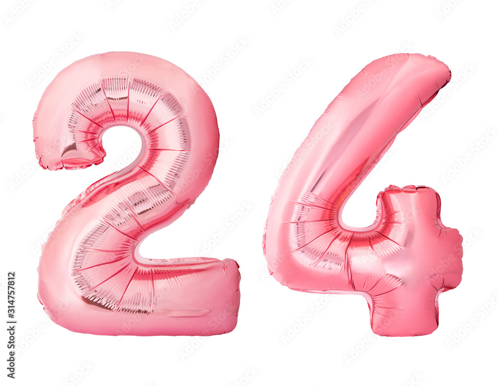 Number 24 twenty four made of rose gold inflatable balloons isolated on white background. Pink helium balloons forming 24 twenty four number - obrazy, fototapety, plakaty 