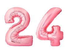 Number 24 Twenty Four Made Of Rose Gold Inflatable Balloons Isolated On White Background. Pink Helium Balloons Forming 24 Twenty Four Number