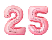 Number 25 Twenty Five Made Of Rose Gold Inflatable Balloons Isolated On White Background. Pink Helium Balloons Forming 25 Twenty Five Number